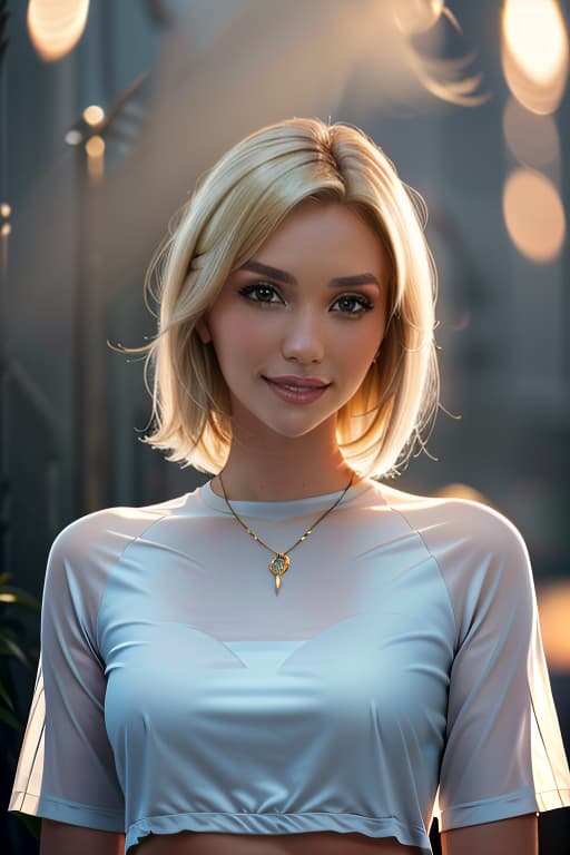  1girl,1girl,blonde short hair,straight hair,upper body shot,shirt,smile hyperrealistic, full body, detailed clothing, highly detailed, cinematic lighting, stunningly beautiful, intricate, sharp focus, f/1. 8, 85mm, (centered image composition), (professionally color graded), ((bright soft diffused light)), volumetric fog, trending on instagram, trending on tumblr, HDR 4K, 8K