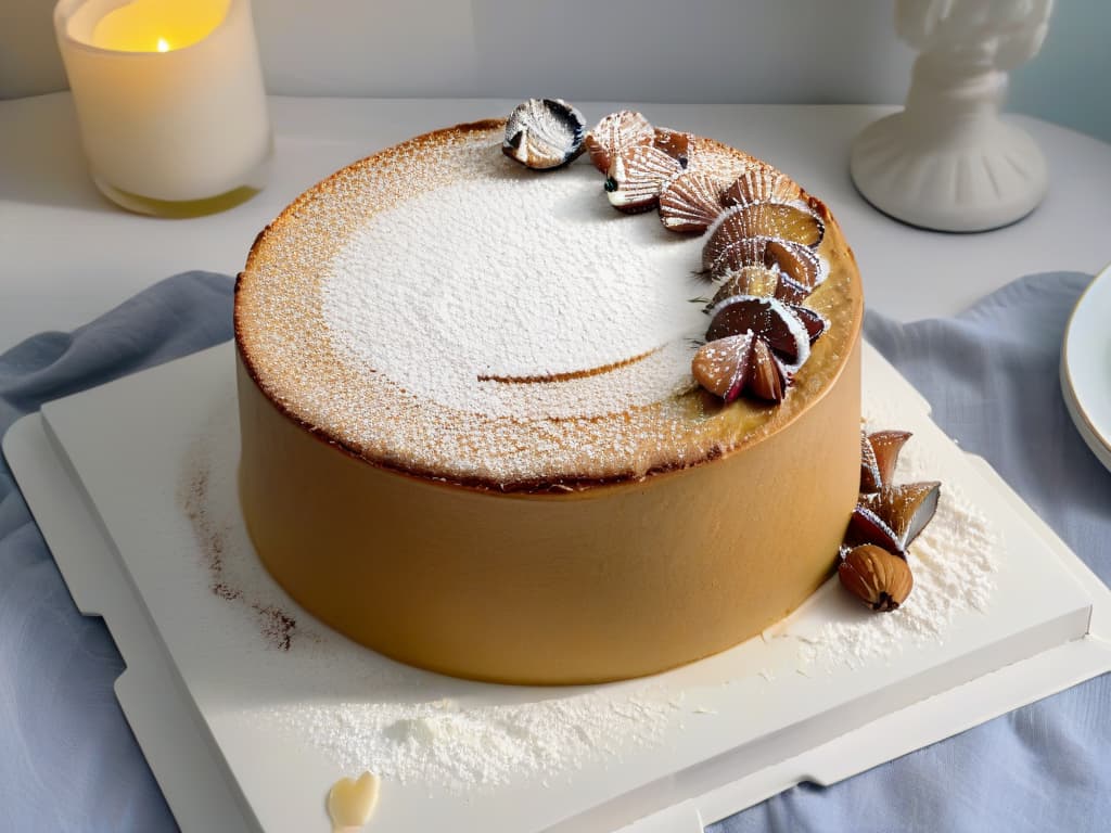  An intricately detailed closeup image of a glutenfree almond flour cake, perfectly goldenbrown on the outside with a light dusting of powdered sugar on top. The cake sits on a pristine white plate, showcasing its moist crumb texture and a hint of sliced almonds scattered artistically around the plate. The lighting is soft, highlighting the cake's texture and the delicate powdered sugar. This image exudes elegance and sophistication, inviting readers to explore the world of glutenfree baking with a sense of beauty and possibility. hyperrealistic, full body, detailed clothing, highly detailed, cinematic lighting, stunningly beautiful, intricate, sharp focus, f/1. 8, 85mm, (centered image composition), (professionally color graded), ((bright soft diffused light)), volumetric fog, trending on instagram, trending on tumblr, HDR 4K, 8K