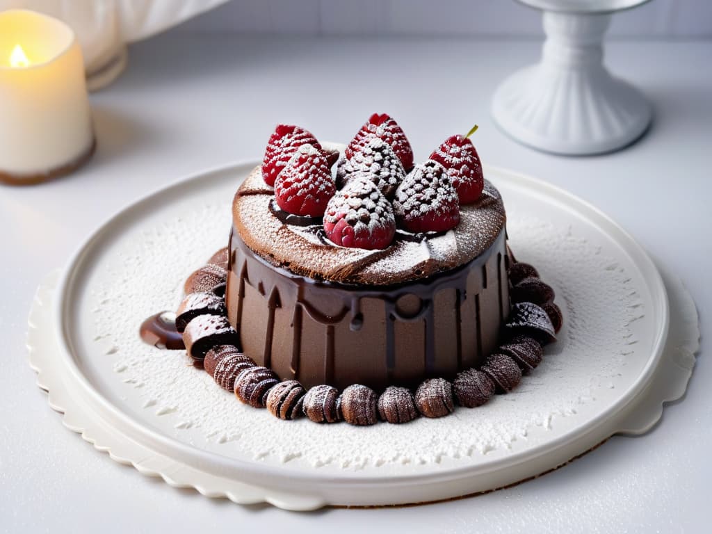  An 8k ultradetailed image of a decadent chocolate lava cake topped with fresh raspberries, dusted with powdered sugar, and served on a sleek white plate with a drizzle of rich Belgian chocolate sauce cascading down the side. The cake is perfectly moist, and the raspberries glisten, creating a mouthwatering contrast against the backdrop of the minimalist setting, highlighting the exquisite nature of Belgian chocolate in culinary art. hyperrealistic, full body, detailed clothing, highly detailed, cinematic lighting, stunningly beautiful, intricate, sharp focus, f/1. 8, 85mm, (centered image composition), (professionally color graded), ((bright soft diffused light)), volumetric fog, trending on instagram, trending on tumblr, HDR 4K, 8K