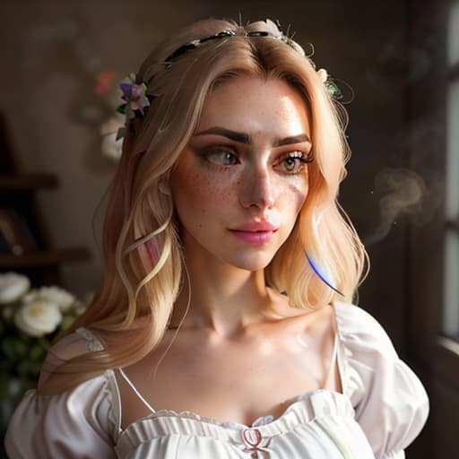  detailed and realistic portrait of a rapunzel maid with a few freckles, long blonde disheveled hairs, multicolor mesmerizing eyes, dark fluffy dress, soft natural lighting, portrait photography, magical photography, dramatic lighting, photo realism, ultra detailed, intimate portrait composition, flowers in background, Leica 50mm, f1. 4 hyperrealistic, full body, detailed clothing, highly detailed, cinematic lighting, stunningly beautiful, intricate, sharp focus, f/1. 8, 85mm, (centered image composition), (professionally color graded), ((bright soft diffused light)), volumetric fog, trending on instagram, trending on tumblr, HDR 4K, 8K