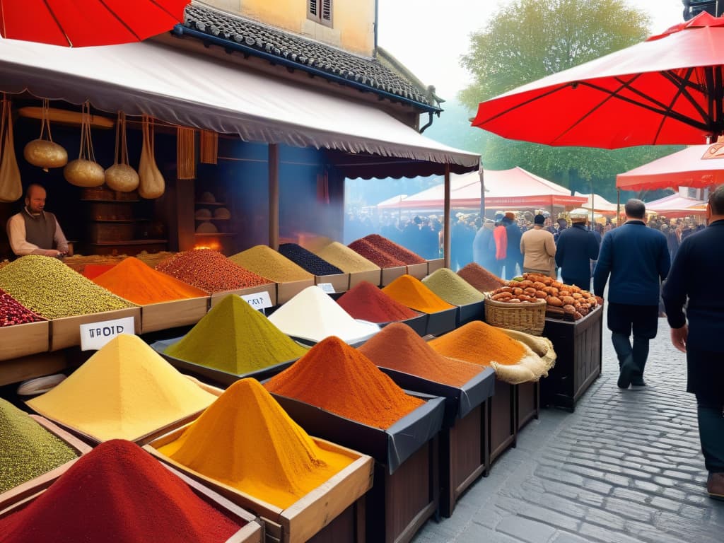  An elaborate 8k ultradetailed image of a bustling medieval European marketplace filled with merchants selling various exotic spices like cinnamon, cardamom, and saffron. The scene includes colorful stalls, intricate tapestries hanging overhead, and merchants engaging in lively trade with customers. The air is filled with the fragrant aroma of spices, and in the background, grand European castles can be seen, hinting at the opulence and influence of the spice trade on European culinary traditions. hyperrealistic, full body, detailed clothing, highly detailed, cinematic lighting, stunningly beautiful, intricate, sharp focus, f/1. 8, 85mm, (centered image composition), (professionally color graded), ((bright soft diffused light)), volumetric fog, trending on instagram, trending on tumblr, HDR 4K, 8K