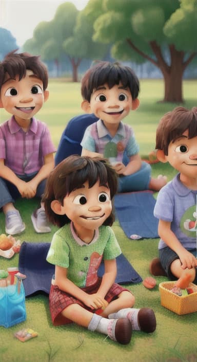  {Kids sitting around a picnic blanket, enjoying juice boxes and snacks., Children happily eating snacks, with crumbs on their faces and big smiles.