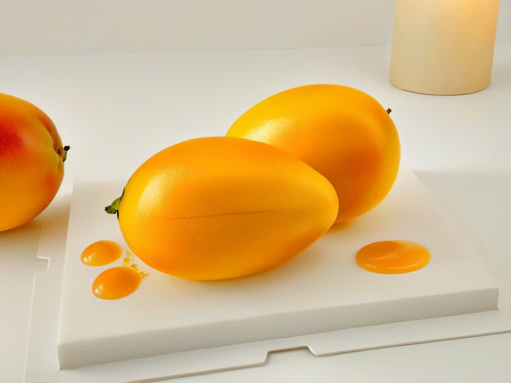  A minimalistic image of a perfectly ripe, juicy mango sliced elegantly on a white marble cutting board, showcasing its vibrant orange flesh and golden hues under soft, natural lighting. The intricate details of the fruit's texture and juicy droplets glistening on the surface are captured with stunning clarity, inviting the viewer to indulge in the delicious and healthy dessert option. hyperrealistic, full body, detailed clothing, highly detailed, cinematic lighting, stunningly beautiful, intricate, sharp focus, f/1. 8, 85mm, (centered image composition), (professionally color graded), ((bright soft diffused light)), volumetric fog, trending on instagram, trending on tumblr, HDR 4K, 8K