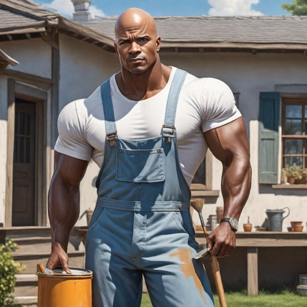  An image of an African American male with a bald head, resembling Mr. Clean, as a professional house painter in anime style. The character should be in full house painting gear, including painter's overalls, holding a paint roller. The style should feature distinctive anime characteristics, bold lines, and vibrant colors. Include elements that represent the house painting profession like paint splashes or brushes, with a minimalistic background focusing on the character and the painting theme. hyperrealistic, full body, detailed clothing, highly detailed, cinematic lighting, stunningly beautiful, intricate, sharp focus, f/1. 8, 85mm, (centered image composition), (professionally color graded), ((bright soft diffused light)), volumetric fog, trending on instagram, trending on tumblr, HDR 4K, 8K