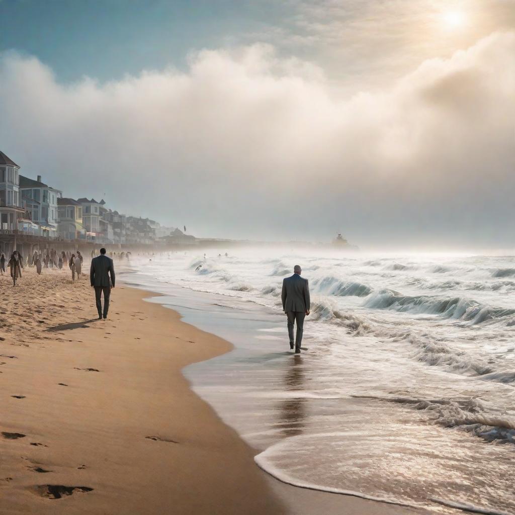  People are eliminated on the beach. hyperrealistic, full body, detailed clothing, highly detailed, cinematic lighting, stunningly beautiful, intricate, sharp focus, f/1. 8, 85mm, (centered image composition), (professionally color graded), ((bright soft diffused light)), volumetric fog, trending on instagram, trending on tumblr, HDR 4K, 8K