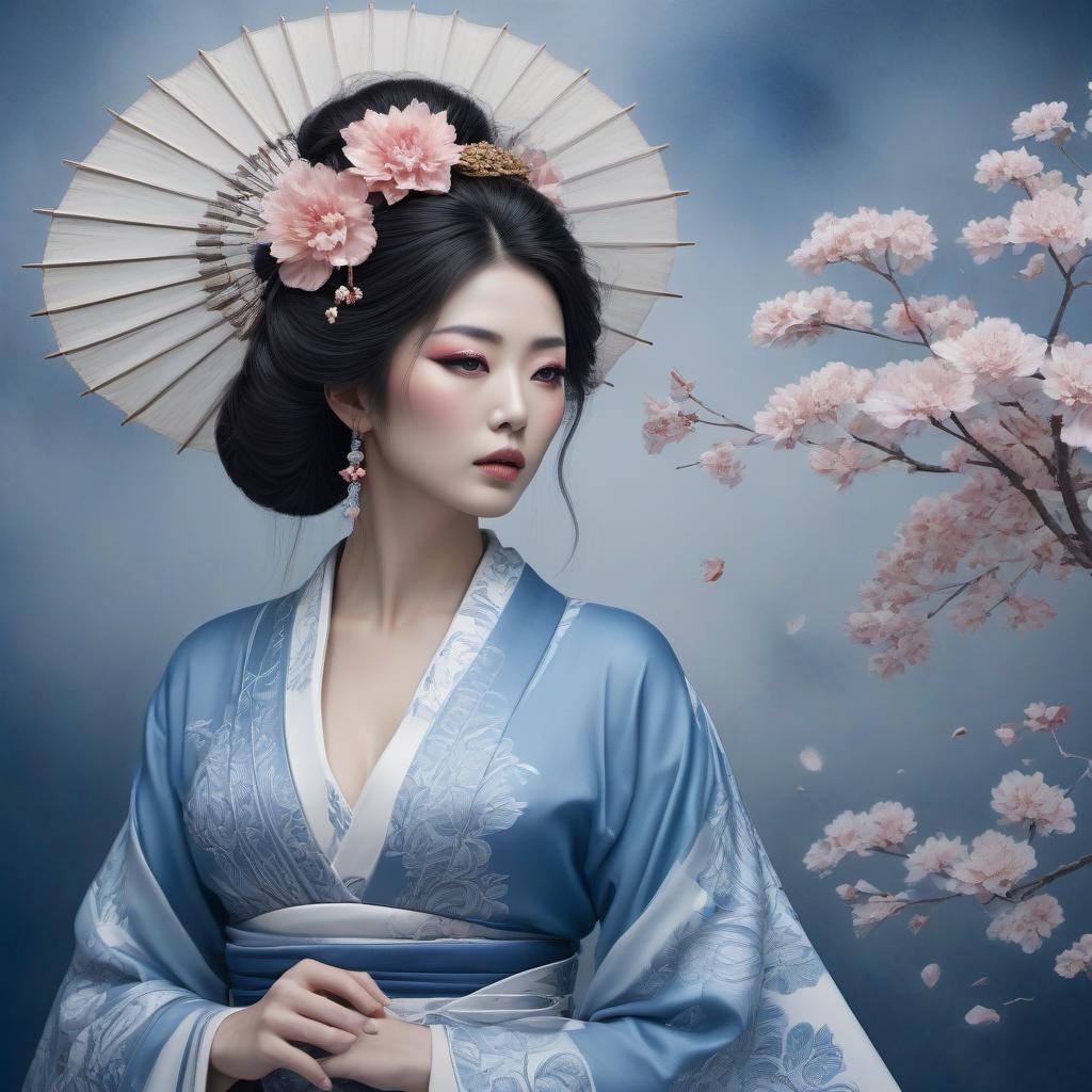  cinematic film still Envision a portrait of a Japanese geisha, her countenance tinged with sorrow as a single tear trails from her eye. Her abundant hair frames a face with lips painted a soft blue, while her attire is a complex array of traditional garments. The portrait, reminiscent of Anne Stokes' work, is rendered in a whimsical Zentangle style, boasting an intricate cyanotype design that seems to lift from the canvas in a 3D embossed effect. The color palette is a harmonious blend of delft blue and white, enriched with subtle touches of ginger brown and light pink. This piece is a fantasy encapsulated in an 8k resolution masterpiece, a high definition pencil sketch that transitions into line art with pen and ink filigree. The backdrop  hyperrealistic, full body, detailed clothing, highly detailed, cinematic lighting, stunningly beautiful, intricate, sharp focus, f/1. 8, 85mm, (centered image composition), (professionally color graded), ((bright soft diffused light)), volumetric fog, trending on instagram, trending on tumblr, HDR 4K, 8K