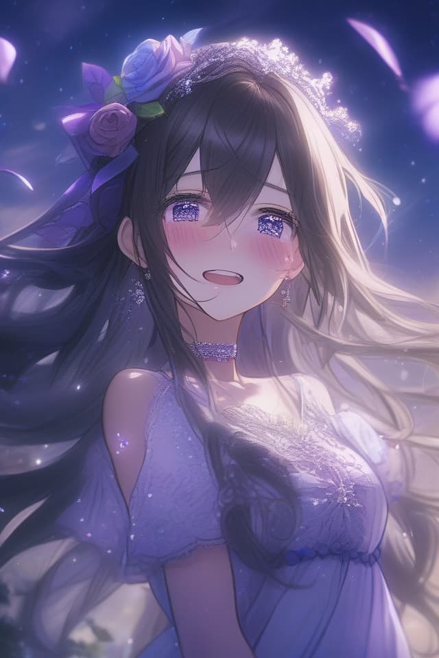  insanely detailed,hyper detailed,ultra detailed,detailed,high quality,absurdres,highres,a girl,happy,laughing,closed mouth,streaming tears,standing,looking to the side,very long hair,hime cut,black hair,purple eyes,with tears in eyes,fair skin,short,slim,black princess dress,ribbon,in the colorful rose garden,with a starry sky,at night,beautiful,fantasy,upper body,from side,ground level shot,dust effect,blue hues