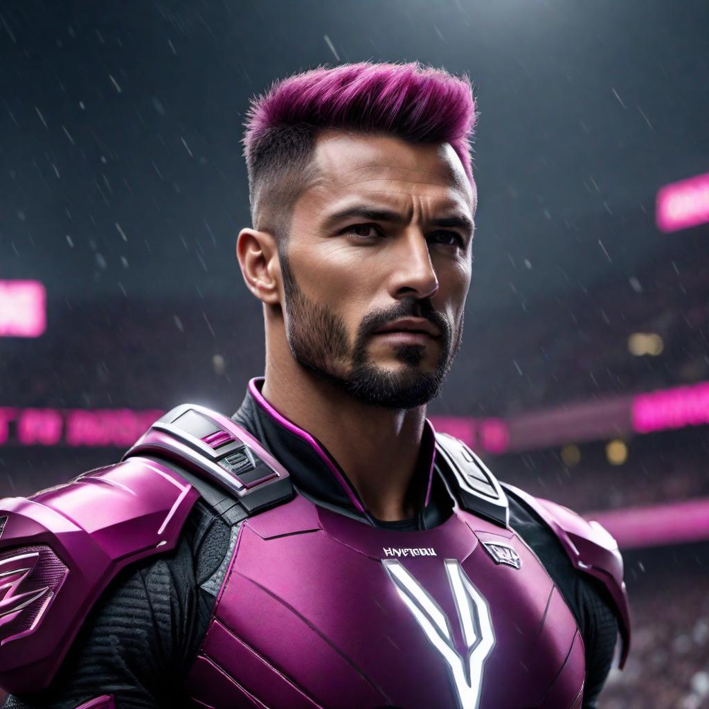  Create an ultra resolution, highly detailed image for a team called “MEAN MACHINE”. Use some magenta color and include lightning accents. hyperrealistic, full body, detailed clothing, highly detailed, cinematic lighting, stunningly beautiful, intricate, sharp focus, f/1. 8, 85mm, (centered image composition), (professionally color graded), ((bright soft diffused light)), volumetric fog, trending on instagram, trending on tumblr, HDR 4K, 8K