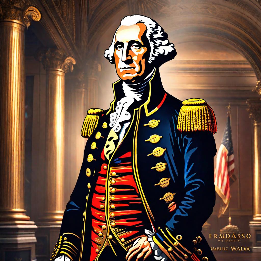  george washington with nasdaq hyperrealistic, full body, detailed clothing, highly detailed, cinematic lighting, stunningly beautiful, intricate, sharp focus, f/1. 8, 85mm, (centered image composition), (professionally color graded), ((bright soft diffused light)), volumetric fog, trending on instagram, trending on tumblr, HDR 4K, 8K