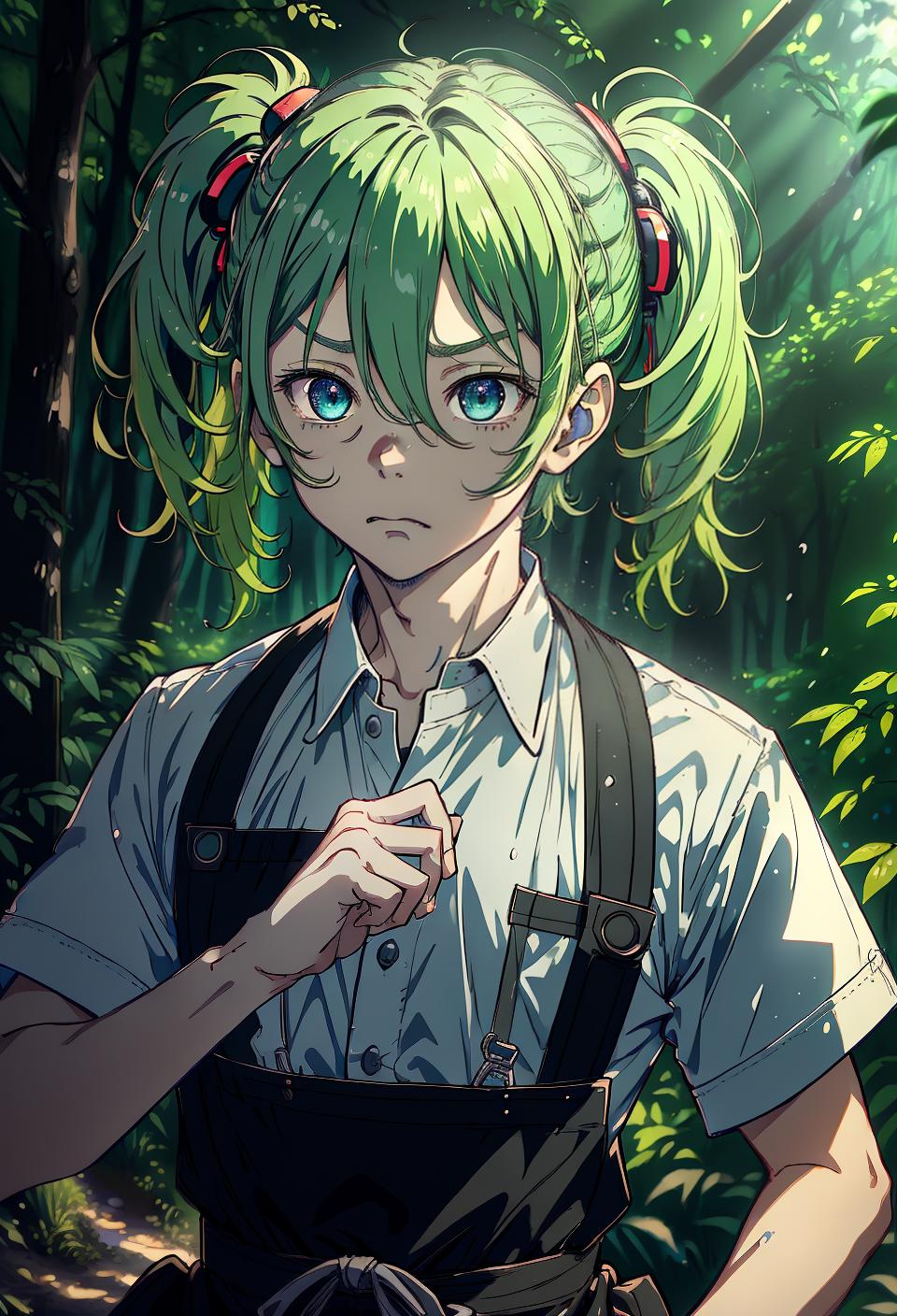  ((trending, highres, masterpiece, cinematic shot)), 1boy, chibi, male cook, forest scene, medium-length messy light green hair, twintails hairstyle, large blue eyes, needy personality, smug expression, grey skin, lively, energetic