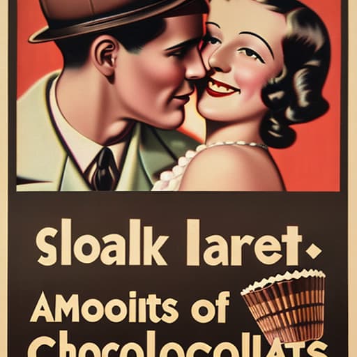  Vintage 1930’s chocolate advertising posters with a romantic couple. Foreground, pieces of fine dark chocolate in candy cups