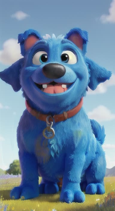  {A happy, big blue dog wagging its tail in a colorful meadow, The big blue dog is large with sky blue fur, big round eyes, a black nose, and floppy ears.