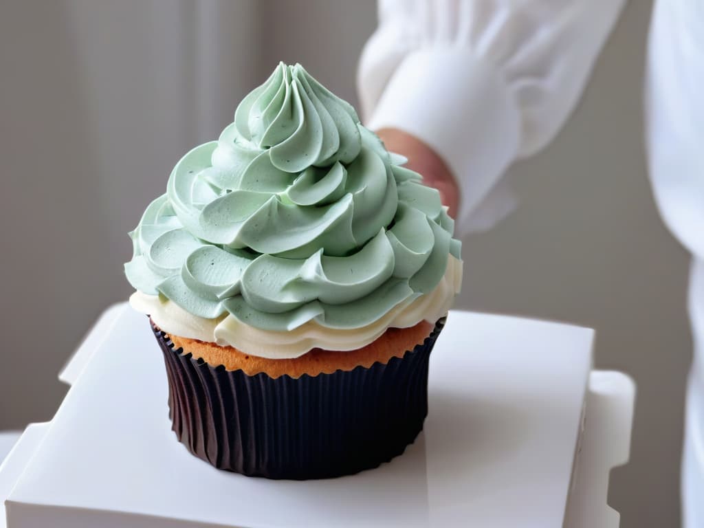  A closeup, ultrahigh resolution image of a hand expertly piping intricate frosting designs onto a beautifully crafted cupcake. The focus is on the precision and skill of the decorator, showcasing the different tips and techniques used to create professionallooking decorations. The color palette is elegant and minimalistic, with soft pastel hues contrasting against the white frosting, making the details of the piping stand out in exquisite detail. hyperrealistic, full body, detailed clothing, highly detailed, cinematic lighting, stunningly beautiful, intricate, sharp focus, f/1. 8, 85mm, (centered image composition), (professionally color graded), ((bright soft diffused light)), volumetric fog, trending on instagram, trending on tumblr, HDR 4K, 8K