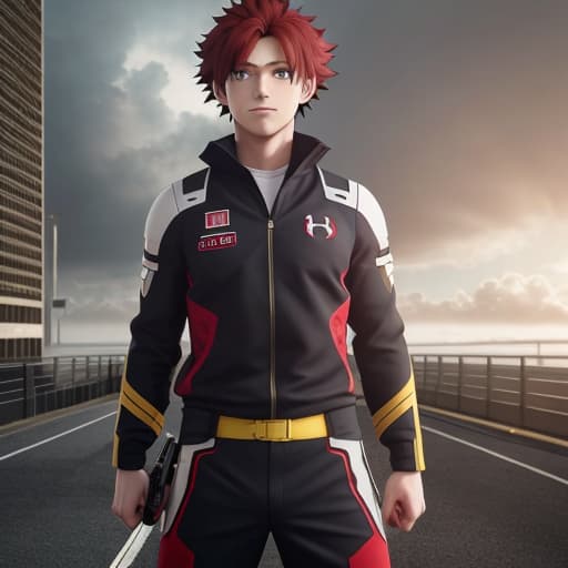  A boy with red hair, yellow eyes, wearing the UA uniform from My Hero Academia hyperrealistic, full body, detailed clothing, highly detailed, cinematic lighting, stunningly beautiful, intricate, sharp focus, f/1. 8, 85mm, (centered image composition), (professionally color graded), ((bright soft diffused light)), volumetric fog, trending on instagram, trending on tumblr, HDR 4K, 8K