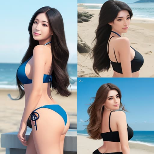  Modern beauty, quadrilateral, seaside, front and back, long hair, bikini,