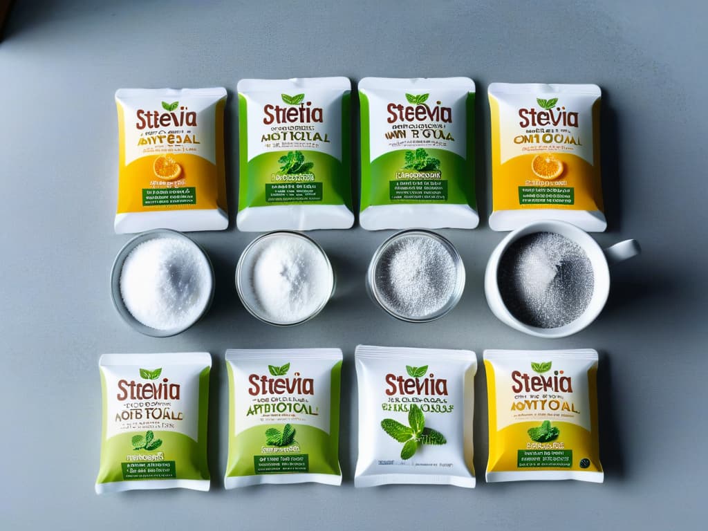  A closeup, ultradetailed image of a variety of natural and artificial sweeteners arranged neatly on a sleek, modern kitchen countertop. The assortment includes stevia leaves, monk fruit extract, xylitol crystals, erythritol granules, and sucralose packets, each labeled with elegant typography. The play of light and shadows creates a visually striking composition, emphasizing the purity and simplicity of the different sweetening options available for baking and cooking. hyperrealistic, full body, detailed clothing, highly detailed, cinematic lighting, stunningly beautiful, intricate, sharp focus, f/1. 8, 85mm, (centered image composition), (professionally color graded), ((bright soft diffused light)), volumetric fog, trending on instagram, trending on tumblr, HDR 4K, 8K