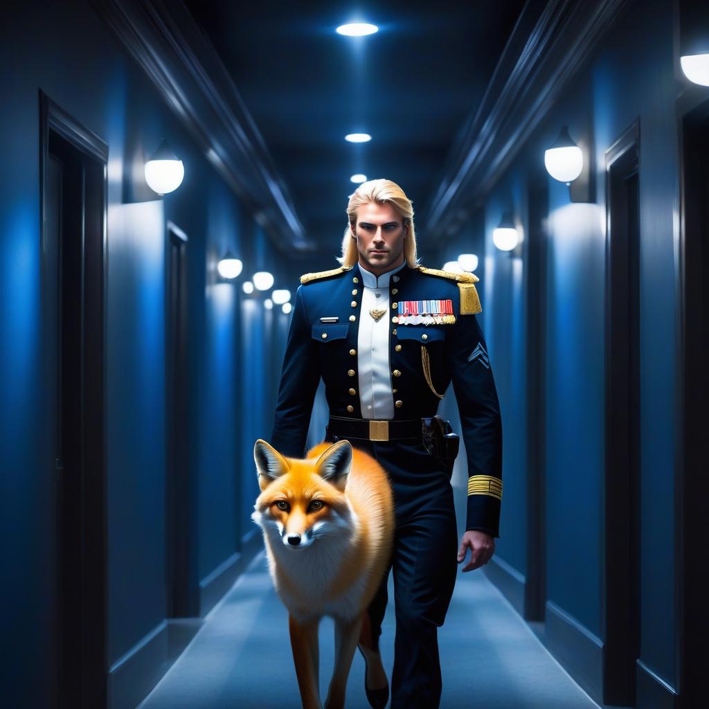  Realistically, a handsome man a blonde, with a fox like face, long hair, yellow eyes, and wearing black military uniform, walks down a hallway lit by blue spotlights, sharp focus, clear and vivid eyes, well defined details, bright, lively eyes, beautiful portrait illustration, fantasy style portrait, blue and white flashes, bright colors, vivid eyes, intricately designed, highly detailed, clear focus, 8k, high resolution, elegant. hyperrealistic, full body, detailed clothing, highly detailed, cinematic lighting, stunningly beautiful, intricate, sharp focus, f/1. 8, 85mm, (centered image composition), (professionally color graded), ((bright soft diffused light)), volumetric fog, trending on instagram, trending on tumblr, HDR 4K, 8K