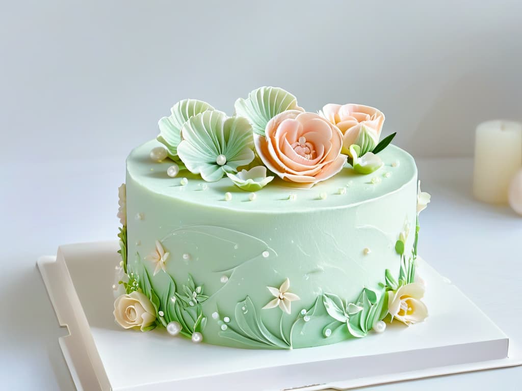  A minimalistic image of a beautifully decorated glutenfree cake, showcasing intricate details like delicate sugar flowers, piped frosting swirls, and shimmering edible pearls. The cake is displayed on a sleek, white porcelain cake stand, set against a soft, blurred background to emphasize its elegance and artistry. The color palette is pastel and soothing, with hues of pale pink, mint green, and ivory creating a visually appealing and harmonious composition. The lighting is soft and diffused, casting gentle shadows that highlight the texture and dimension of the cake's decorations. hyperrealistic, full body, detailed clothing, highly detailed, cinematic lighting, stunningly beautiful, intricate, sharp focus, f/1. 8, 85mm, (centered image composition), (professionally color graded), ((bright soft diffused light)), volumetric fog, trending on instagram, trending on tumblr, HDR 4K, 8K