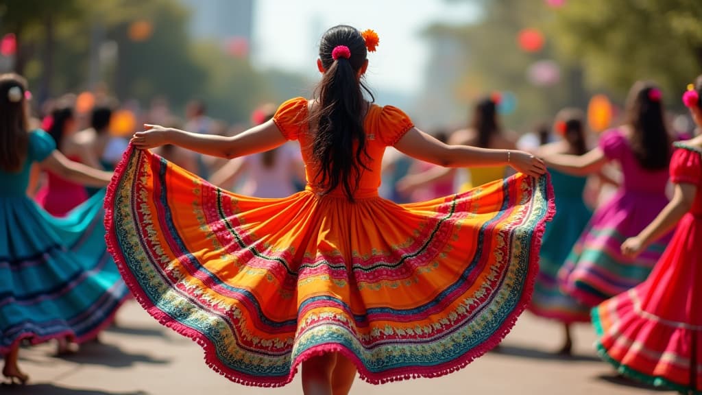  good quality, high quality, hispanic heritage month celebration, colorful traditional dresses, twirling, vibrant cultural energy