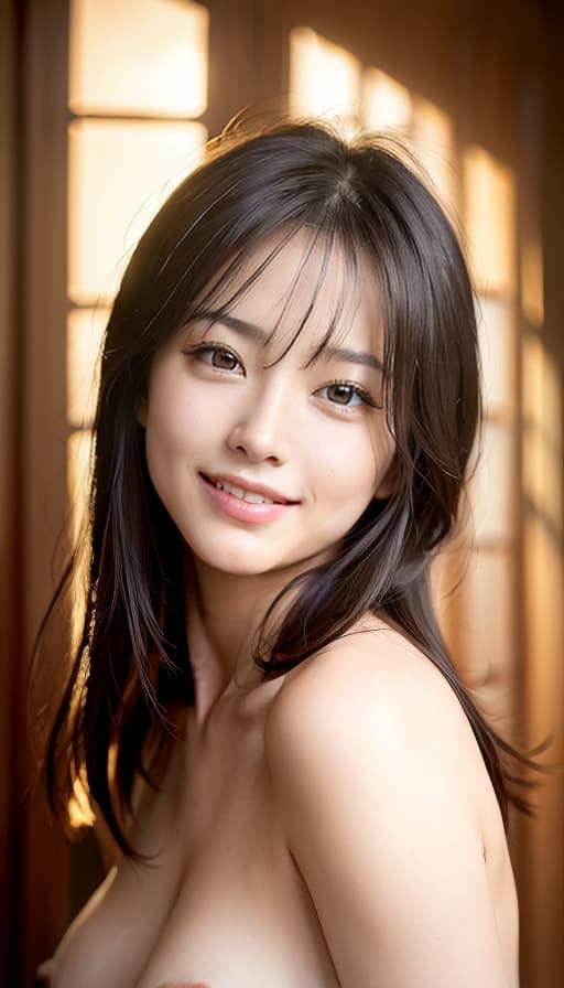 Naked smile, (Masterpiece, BestQuality:1.3), (ultra detailed:1.2), (hyperrealistic:1.3), (RAW photo:1.2),High detail RAW color photo, professional photograph, (Photorealistic:1.4), (realistic:1.4), ,professional lighting, (japanese), beautiful face, (realistic face)