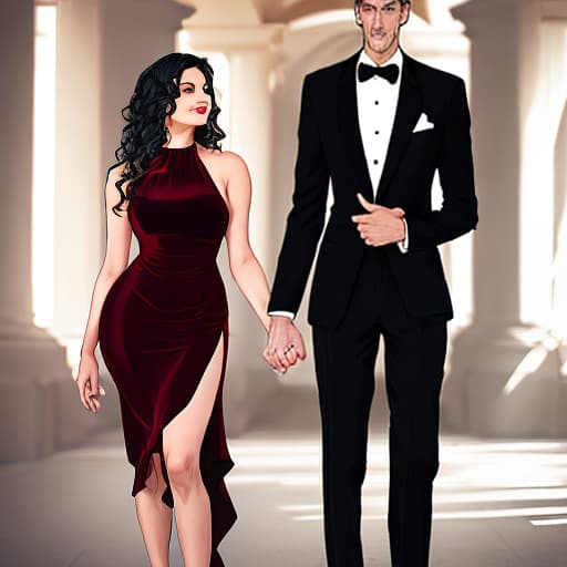  tall man in black tuxedo and his Latin wife in maroon bodycon dress wavy hair high heels