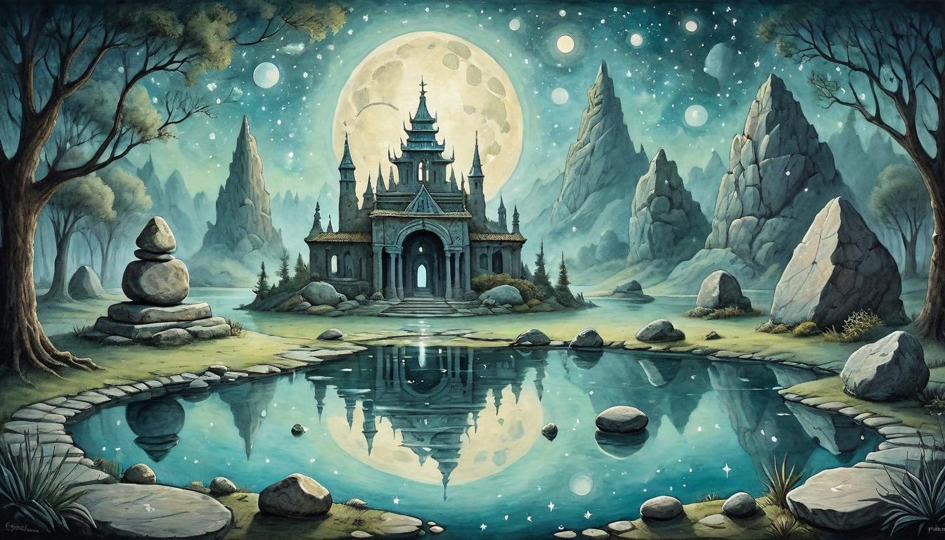  on parchment, surrealism+++, A tranquil pond reflecting the stars, surrounded by protective stones and inscribed runes, inner sanctum, respite from judgment, quietude and reflection, haven for the mind(mysterious, provocative, symbolic,muted color)+++