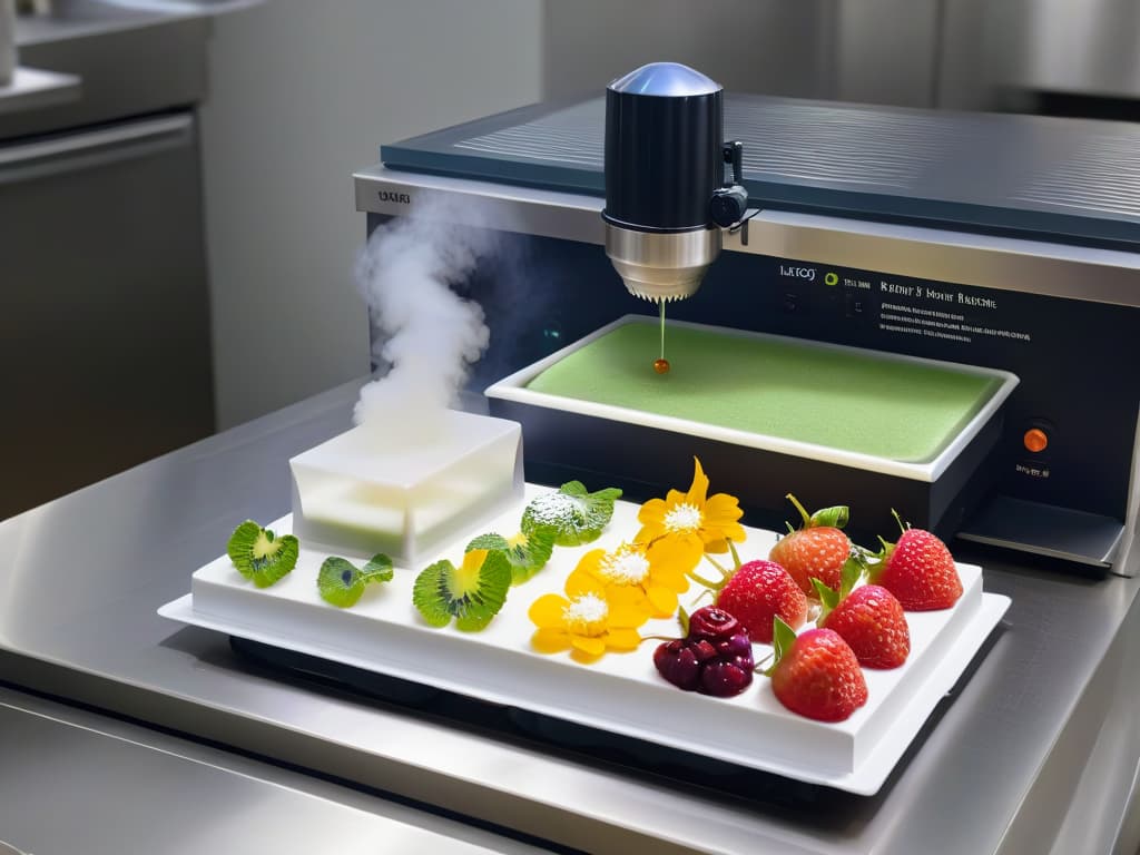  An ultradetailed image of a sleek, modern liofilization machine in a professional kitchen setting. The machine is humming softly, with a digital display showing intricate dessert designs being transformed into freezedried masterpieces. The surrounding area is clean, with stainless steel countertops and a few carefully arranged dessert ingredients like vibrant berries and delicate edible flowers. The lighting is soft but highlights the precision and sophistication of the liofilization process, conveying a sense of mystery and innovation in the world of famous chefs' secrets. hyperrealistic, full body, detailed clothing, highly detailed, cinematic lighting, stunningly beautiful, intricate, sharp focus, f/1. 8, 85mm, (centered image composition), (professionally color graded), ((bright soft diffused light)), volumetric fog, trending on instagram, trending on tumblr, HDR 4K, 8K