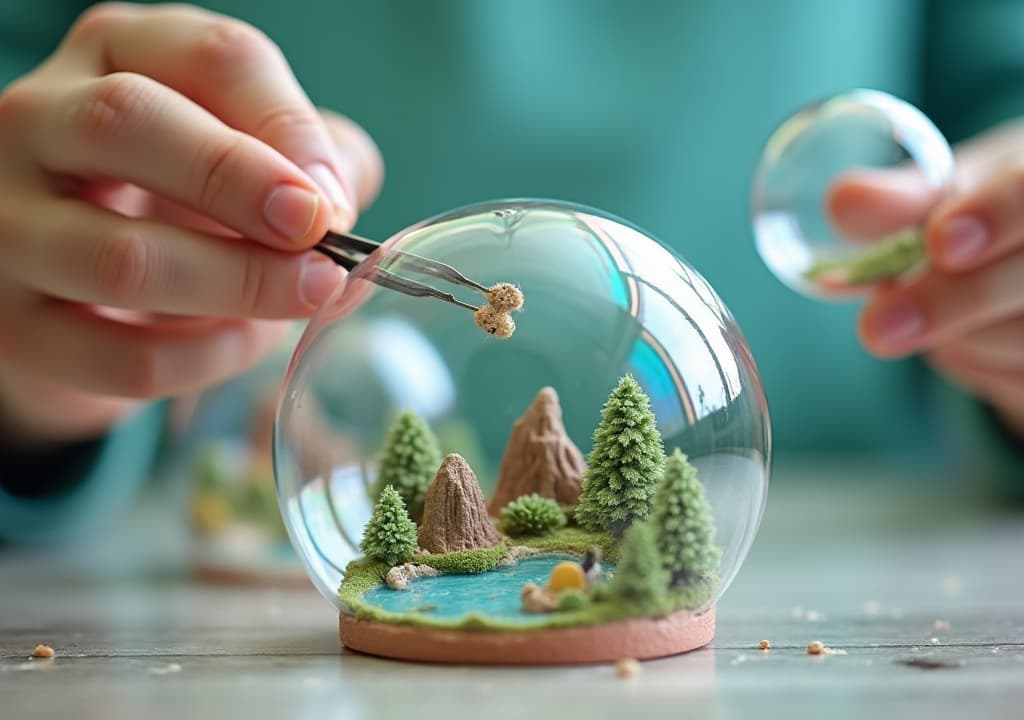  good quality, high quality, a photo of a person crafting miniature landscapes inside soap bubbles. the person has a pair of tweezers in their hand and is carefully inserting tiny trees, mountains, and buildings into a soap bubble. once the bubble world is complete, the person seals the bubble with their finger. the background contains a variety of soap bubbles, each with its own miniature landscape