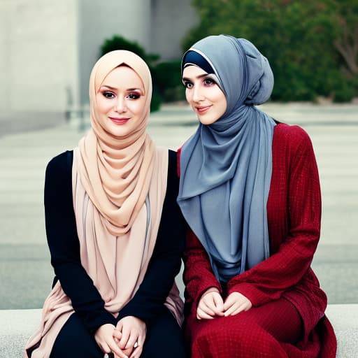 portrait+ style 2 women wearing hijabs, long clothes, they sat together