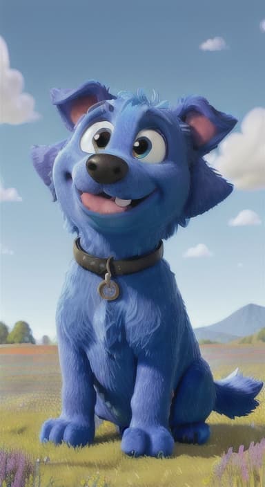  {A happy, big blue dog wagging its tail in a colorful meadow, The big blue dog is large with sky blue fur, big round eyes, a black nose, and floppy ears.