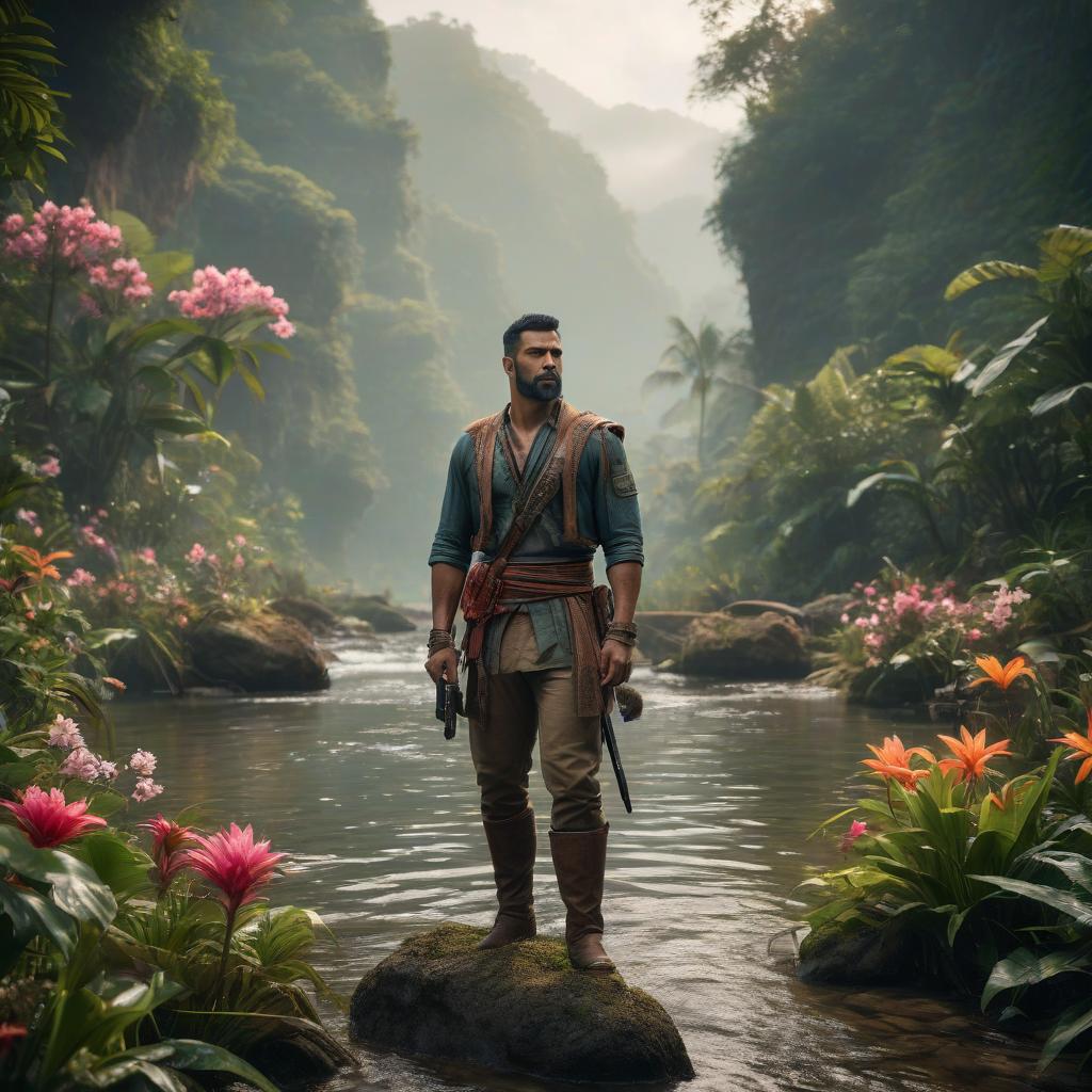  cinematic film still unreal engine 5 render, jungle, river, flowers, extremely detailed, colorful . shallow depth of field, vignette, highly detailed, high budget, bokeh, cinemascope, moody, epic, gorgeous, film grain, grainy hyperrealistic, full body, detailed clothing, highly detailed, cinematic lighting, stunningly beautiful, intricate, sharp focus, f/1. 8, 85mm, (centered image composition), (professionally color graded), ((bright soft diffused light)), volumetric fog, trending on instagram, trending on tumblr, HDR 4K, 8K