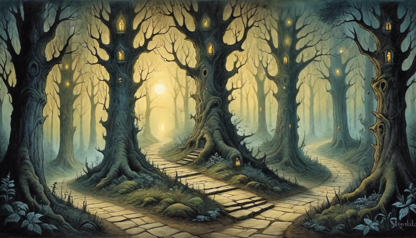  on parchment, surrealism+++, a mystical path winding through a dark forest, illuminated by faint, glowing lights, ancient trees, path leading to unknown, surreal, enigmatic, journey of faith(mysterious, provocative, symbolic,muted color)+++