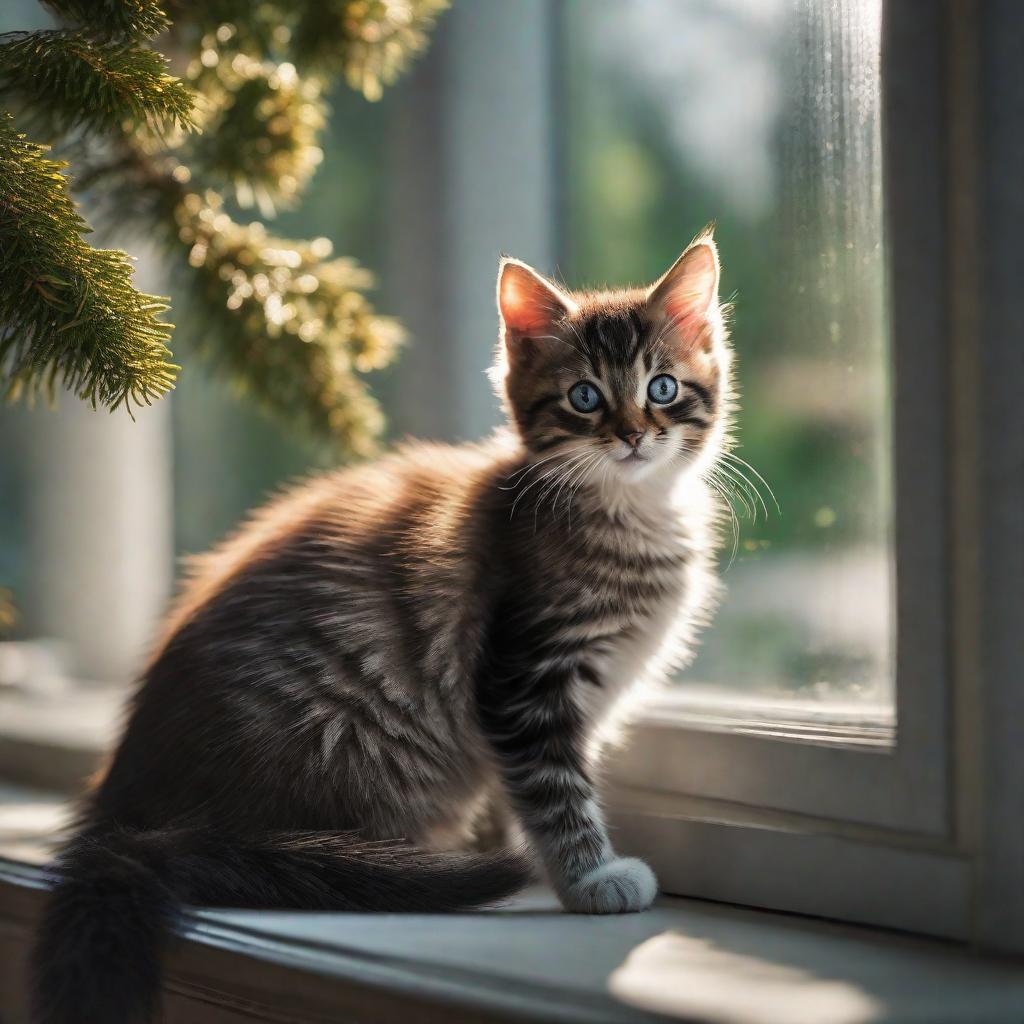  Kitten , window, tree hyperrealistic, full body, detailed clothing, highly detailed, cinematic lighting, stunningly beautiful, intricate, sharp focus, f/1. 8, 85mm, (centered image composition), (professionally color graded), ((bright soft diffused light)), volumetric fog, trending on instagram, trending on tumblr, HDR 4K, 8K