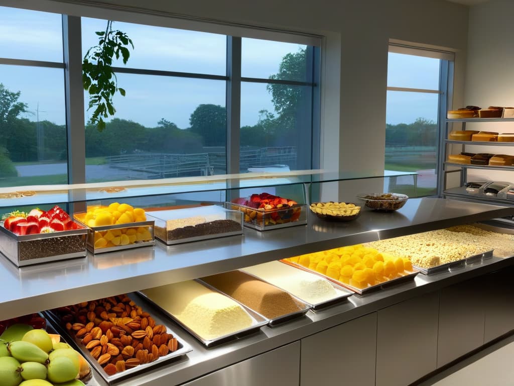  A minimalist image of a sleek, modern bakery kitchen filled with glutenfree baking ingredients neatly organized on stainless steel countertops. The image showcases an assortment of fresh fruits, nuts, and glutenfree flour in clear glass containers, with a soft, natural light filtering through large windows in the background. The overall aesthetic is clean, organized, and inviting, exuding a sense of professionalism and dedication to quality in glutenfree baking. hyperrealistic, full body, detailed clothing, highly detailed, cinematic lighting, stunningly beautiful, intricate, sharp focus, f/1. 8, 85mm, (centered image composition), (professionally color graded), ((bright soft diffused light)), volumetric fog, trending on instagram, trending on tumblr, HDR 4K, 8K