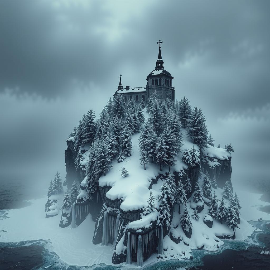  snowy arctic island covered in pine forests just above a stormy sea, the island looms 150 feet over the water in icy, treacherous cliffs, gothic mausoleum stands on the northern end of the island, haunting, 1990s ravenloft art ar 16:9 hyperrealistic, full body, detailed clothing, highly detailed, cinematic lighting, stunningly beautiful, intricate, sharp focus, f/1. 8, 85mm, (centered image composition), (professionally color graded), ((bright soft diffused light)), volumetric fog, trending on instagram, trending on tumblr, HDR 4K, 8K