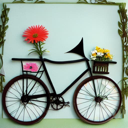  Paper cutout of a bicycle with wings and flowers on it.