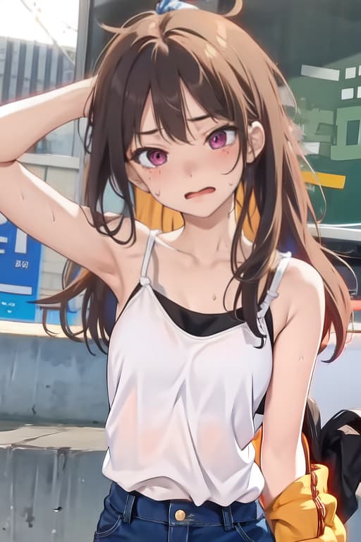  Girl, sweating, ahegao, eye roll, wearing spaghetti strap tank top, shorts