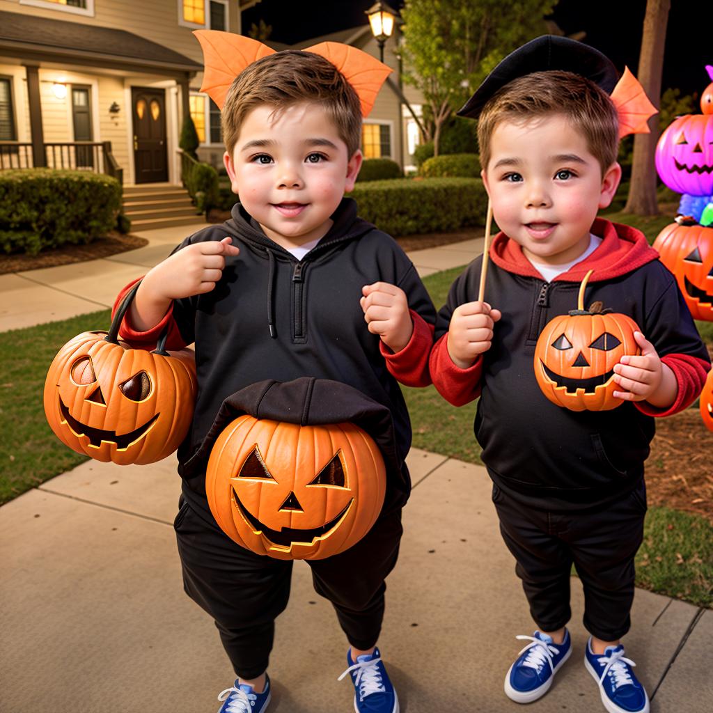  some age boys with big giant cheeks showing off why they were trick or treating for candy, nonplussed