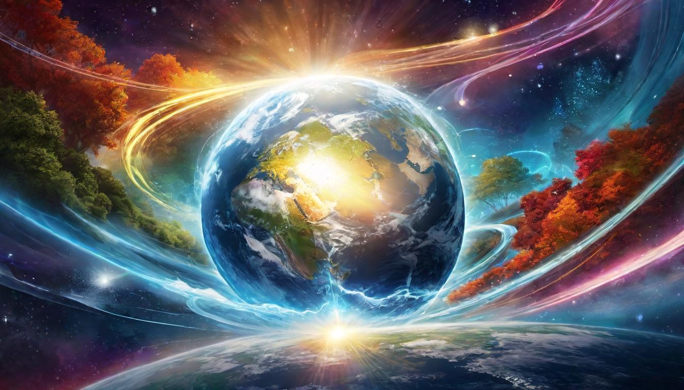  digital illustration, Earth surrounded by light energy waves, healing light enveloping the planet, ascension, holistic restoration, looking at viewer, dynamic pose, (intricate details, masterpiece, best quality)