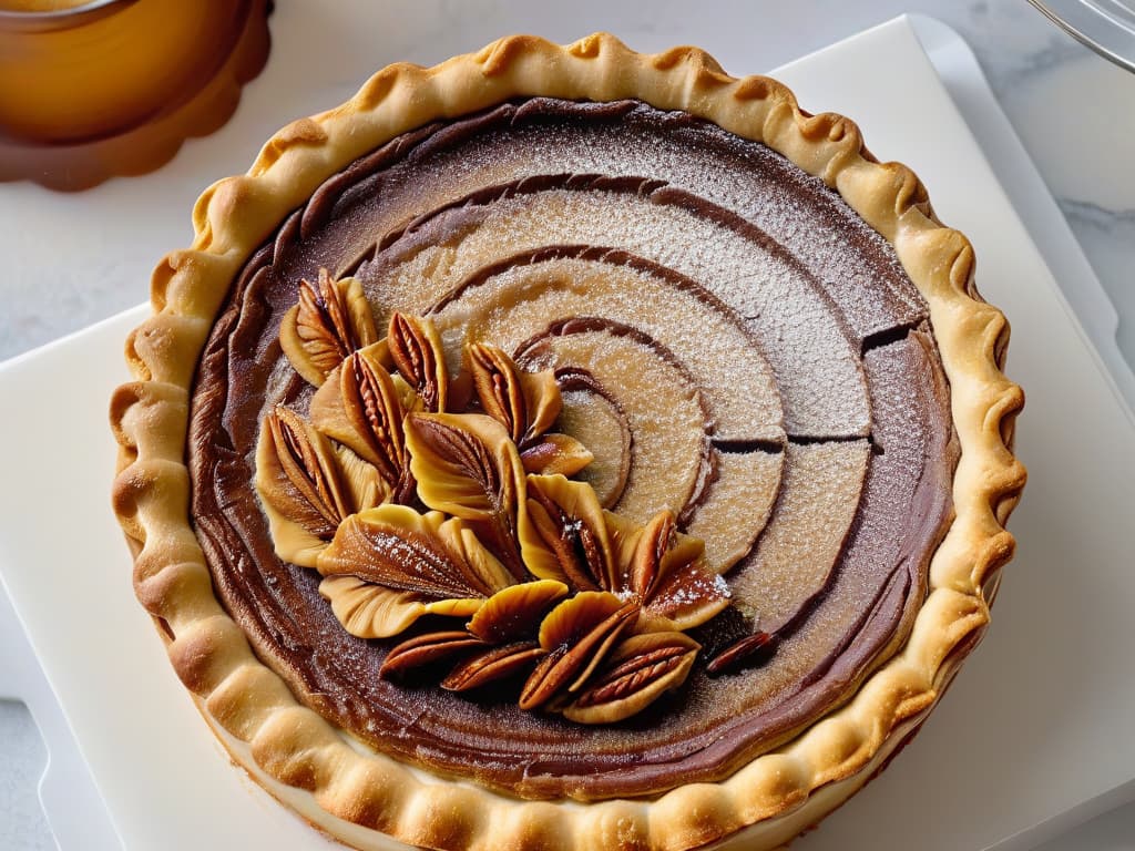  A stunning closeup image of a perfectly crafted maple syrupinfused butter tart, delicately garnished with a touch of flaky sea salt, set against a clean, white marble backdrop. The glossy surface of the tart reflects the soft ambient lighting, highlighting the intricate layers of the pastry. The caramelized edges of the tart glisten invitingly, exuding a warm, golden hue that contrasts beautifully with the subtle textures of the sea salt flakes. This visually appealing and minimalistic image captures the essence of Canadian pastry artistry, evoking a sense of elegance and sophistication that resonates with the article's tone and theme. hyperrealistic, full body, detailed clothing, highly detailed, cinematic lighting, stunningly beautiful, intricate, sharp focus, f/1. 8, 85mm, (centered image composition), (professionally color graded), ((bright soft diffused light)), volumetric fog, trending on instagram, trending on tumblr, HDR 4K, 8K