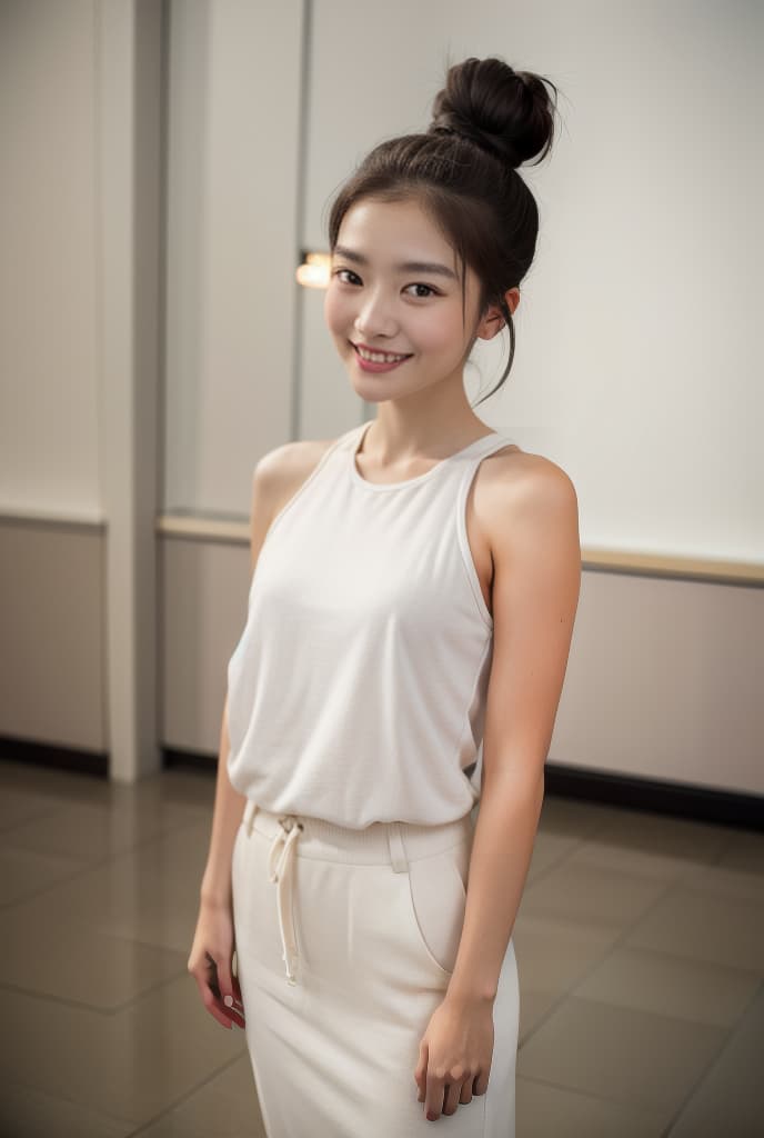  1 , tender smile, no , bang hair, bun hair, big s, full body, photo model, ADVERTISING PHOTO,high quality, good proportion, masterpiece , The image is captured with an 8k camera and edited using the latest digital tools to produce a flawless final result.