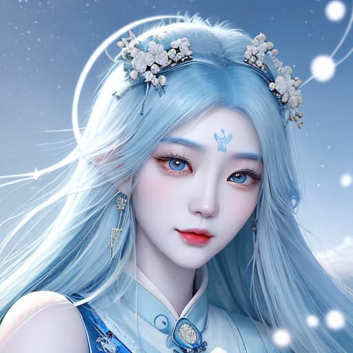  Goddess Yue Ying has long blue hair like the night sky, shining like stars in the night sky. Her skin is as white as snow, revealing a mysterious light. Her eyes are as pure as clear lake water, like bright moonlight, emitting charming charm. Her slender eyebrows and perfect facial features outline a proud and beautiful face, emitting a noble and mysterious temperament.