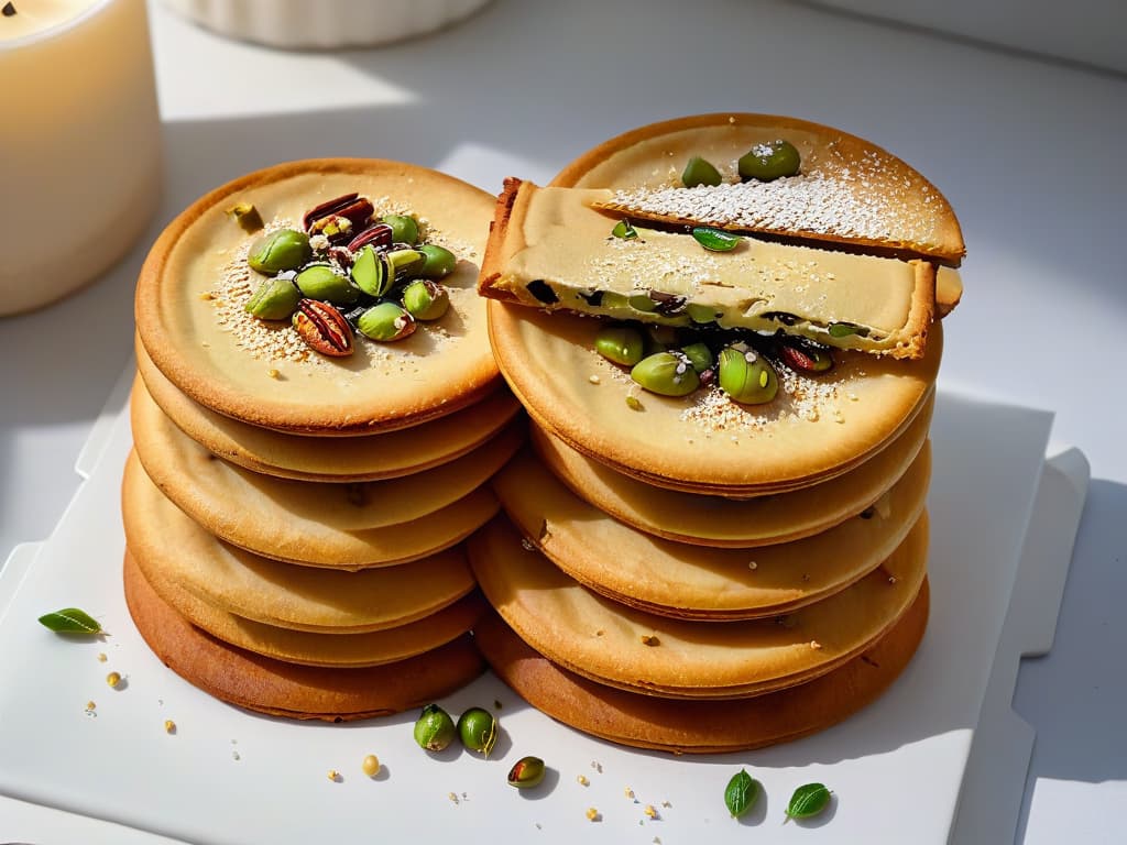  An ultradetailed closeup image of freshly baked Barazek cookies, showcasing the goldenbrown, crispy edges studded with crunchy pistachios and sesame seeds. The cookies are arranged artfully on a sleek, modern plate, highlighting the contrast between the textures and colors of the ingredients. The lighting is soft yet dramatic, enhancing the visual appeal of the cookies and inviting the viewer to indulge in their deliciousness. hyperrealistic, full body, detailed clothing, highly detailed, cinematic lighting, stunningly beautiful, intricate, sharp focus, f/1. 8, 85mm, (centered image composition), (professionally color graded), ((bright soft diffused light)), volumetric fog, trending on instagram, trending on tumblr, HDR 4K, 8K