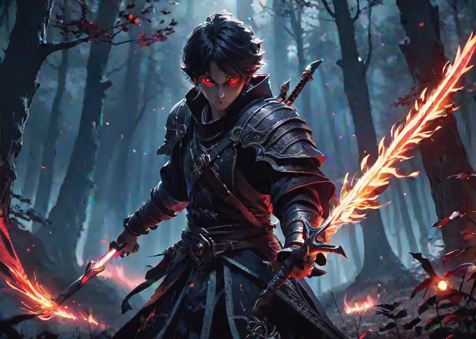  Scene of a protagonist with fire sword fighting shadow creatures in a moonlit forest, highlighting the glowing red eyes of the creatures and the determined stance of the protagonist, very magical, amazing details, super lighting from fire sword hyperrealistic, full body, detailed clothing, highly detailed, cinematic lighting, stunningly beautiful, intricate, sharp focus, f/1. 8, 85mm, (professionally color graded), ((bright soft diffused light)), volumetric fog, trending on instagram, trending on tumblr, HDR 4K, 8K hyperrealistic, full body, detailed clothing, highly detailed, cinematic lighting, stunningly beautiful, intricate, sharp focus, f/1. 8, 85mm, (centered image composition), (professionally color graded), ((bright soft diffused light)), volumetric fog, trending on instagram, trending on tumblr, HDR 4K, 8K