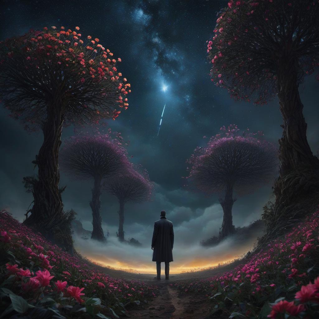  (stylized by Tomasz Alen Kopera:1.3) , dark art, dense flower field and Perseid meteor in background, landscape of a (Barcelona:1.2) , very Bizarre and 1600'S, Hurricane, Glitchcore, Amaro, layered textures, ornate, intricate artistic color, complimentary colors, very inspirational, atmosphere, fine artistic composition, sunny, theatrical hyperrealistic, full body, detailed clothing, highly detailed, cinematic lighting, stunningly beautiful, intricate, sharp focus, f/1. 8, 85mm, (centered image composition), (professionally color graded), ((bright soft diffused light)), volumetric fog, trending on instagram, trending on tumblr, HDR 4K, 8K