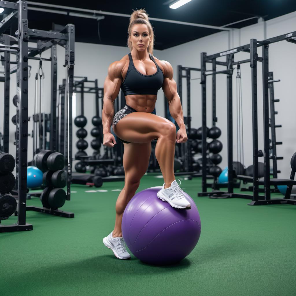  muscular girl, crushes a ball between quads, pressed by quads, scissorhold, ball deflated, barefoot, huge calves, full body shot, 8k, high quality