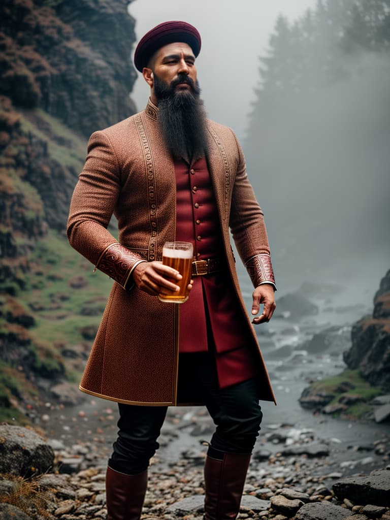  A man named Timur with a beard is drinking beer. hyperrealistic, full body, detailed clothing, highly detailed, cinematic lighting, stunningly beautiful, intricate, sharp focus, f/1. 8, 85mm, (centered image composition), (professionally color graded), ((bright soft diffused light)), volumetric fog, trending on instagram, trending on tumblr, HDR 4K, 8K