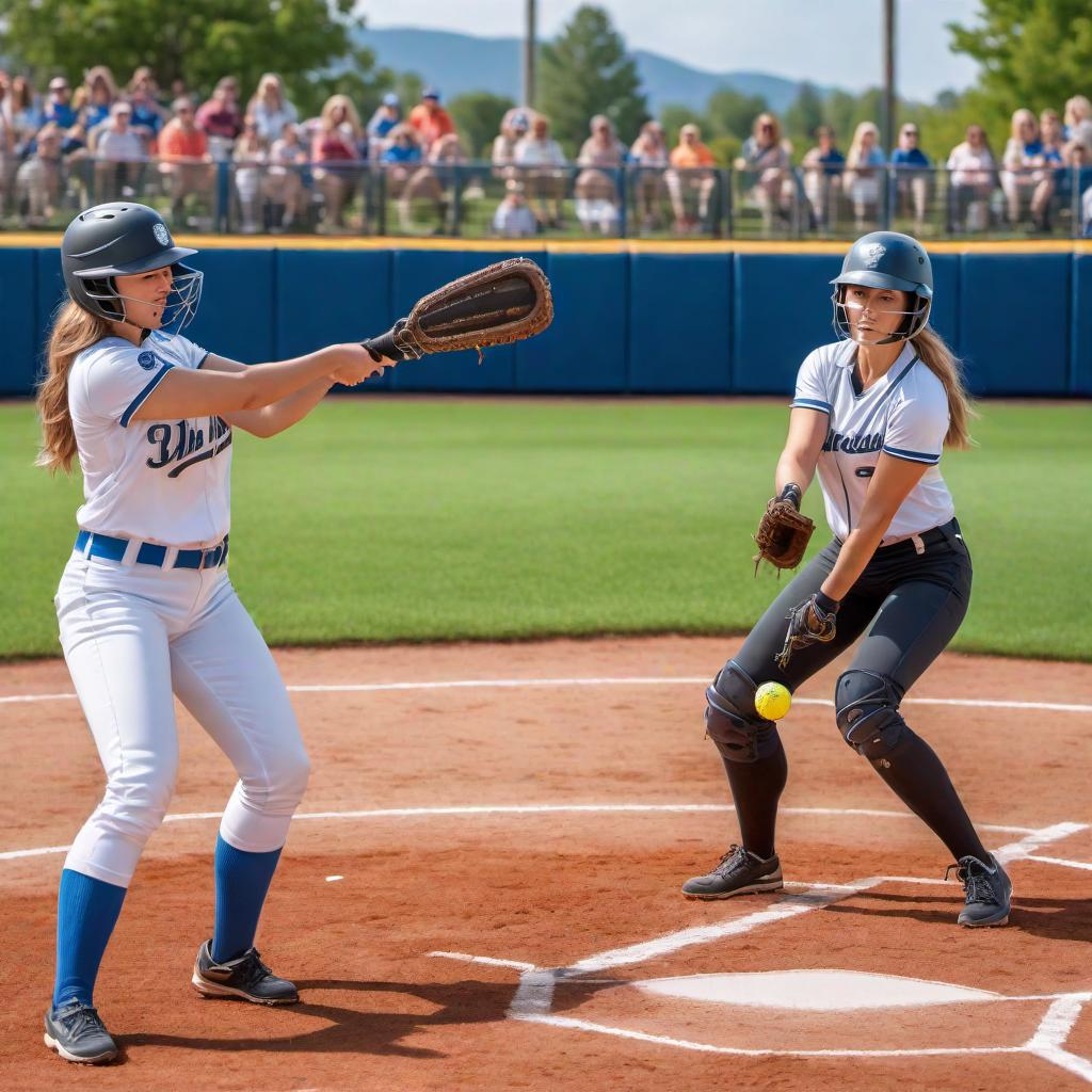  An image of girls playing softball on a sunny day in a colorful outdoor field. The girls are wearing matching team uniforms and helmets, swinging bats and catching balls. The background includes a blue sky, green grass, and a crowd of spectators cheering them on. hyperrealistic, full body, detailed clothing, highly detailed, cinematic lighting, stunningly beautiful, intricate, sharp focus, f/1. 8, 85mm, (centered image composition), (professionally color graded), ((bright soft diffused light)), volumetric fog, trending on instagram, trending on tumblr, HDR 4K, 8K