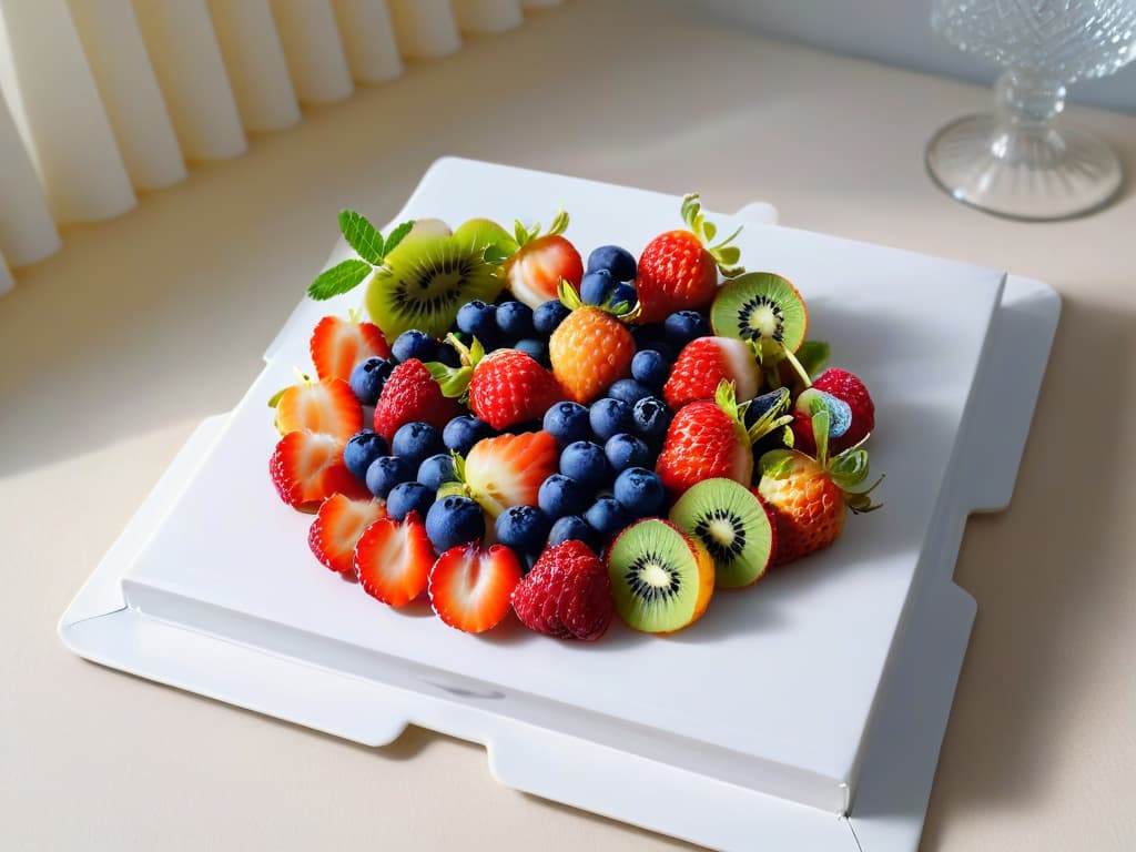  A highresolution image of a beautifully arranged fruit platter, showcasing a variety of vibrant and fresh fruits like strawberries, blueberries, raspberries, and kiwi slices, elegantly displayed on a sleek white marble serving tray. The fruits are artfully arranged in a visually pleasing manner, highlighting their natural colors and textures, with a soft natural light illuminating the scene to create a visually striking and appetizing minimalistic composition. hyperrealistic, full body, detailed clothing, highly detailed, cinematic lighting, stunningly beautiful, intricate, sharp focus, f/1. 8, 85mm, (centered image composition), (professionally color graded), ((bright soft diffused light)), volumetric fog, trending on instagram, trending on tumblr, HDR 4K, 8K