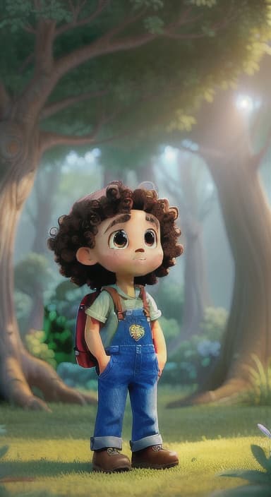  {The tree shining brightly and releasing a gentle, magical light., Riley, a curious with big brown eyes and curly hair, wearing overalls and carrying a small backpack. Their friend, Skye, a bluebird with shiny feathers.